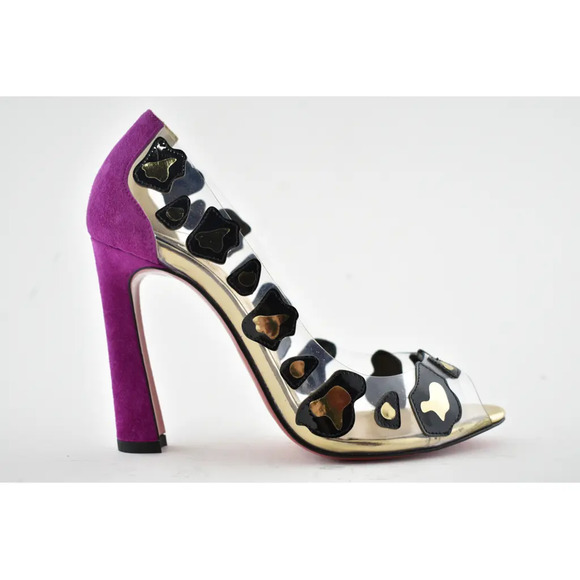 Christian Louboutin Parsefal 100 Black Gold PVC Patent Sandal Heel Pump 37.5 - Picture 2 of 12
